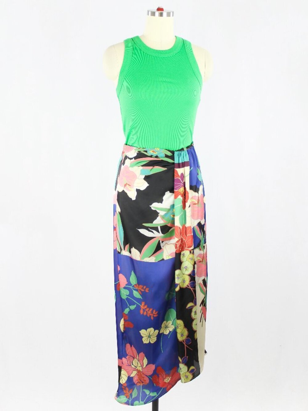ZARA Floral Patchwork Print Satin Twill Knotted Maxi Pareo Sarong Skirt, Size S